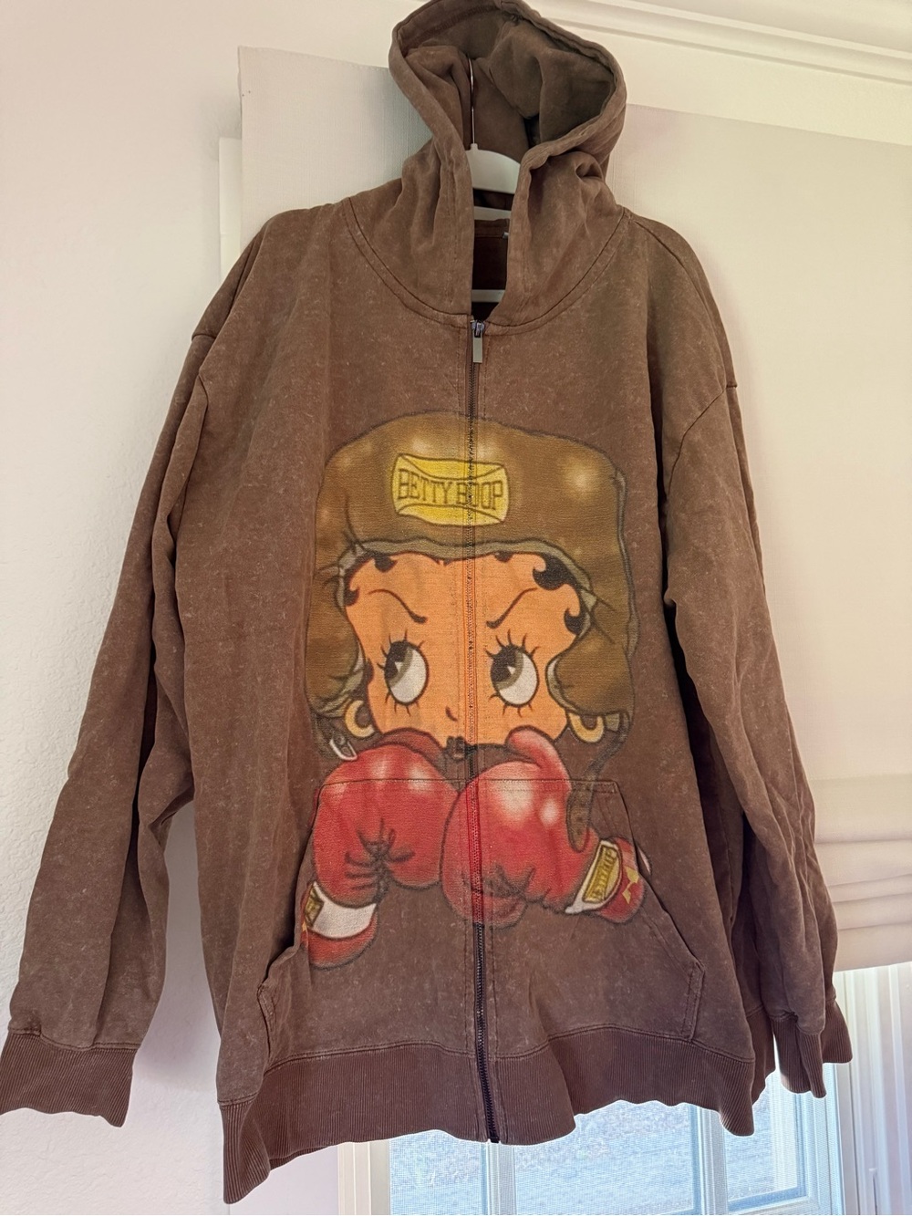 Betty Boop Brown Hoodie with Red Boxing Gloves Graphic
